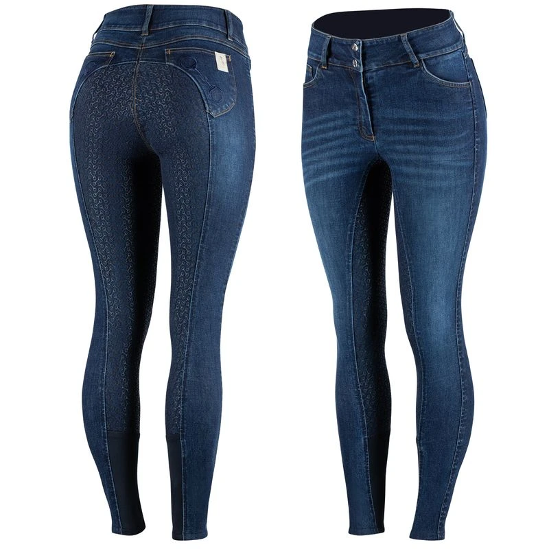 Horze Women's Kaia Highwaist Denim Silicone Full Seat Breech - Dark Blue 1 Horze Women's Kaia Highwaist Denim Silicone Full Seat Breech - Dark Blue