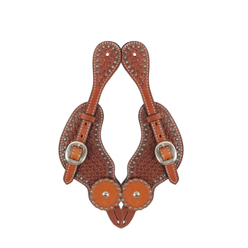 Western Rawhide Tooled Sun Spots Spur Straps - Chestnut 1 Western Rawhide Tooled Sun Spots Spur Straps - Chestnut