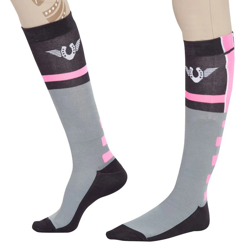 TuffRider Women's Impulsion Knee High Socks - Light Charcoal/Neon Pink 1 TuffRider Women's Impulsion Knee High Socks - Light Charcoal/Neon Pink