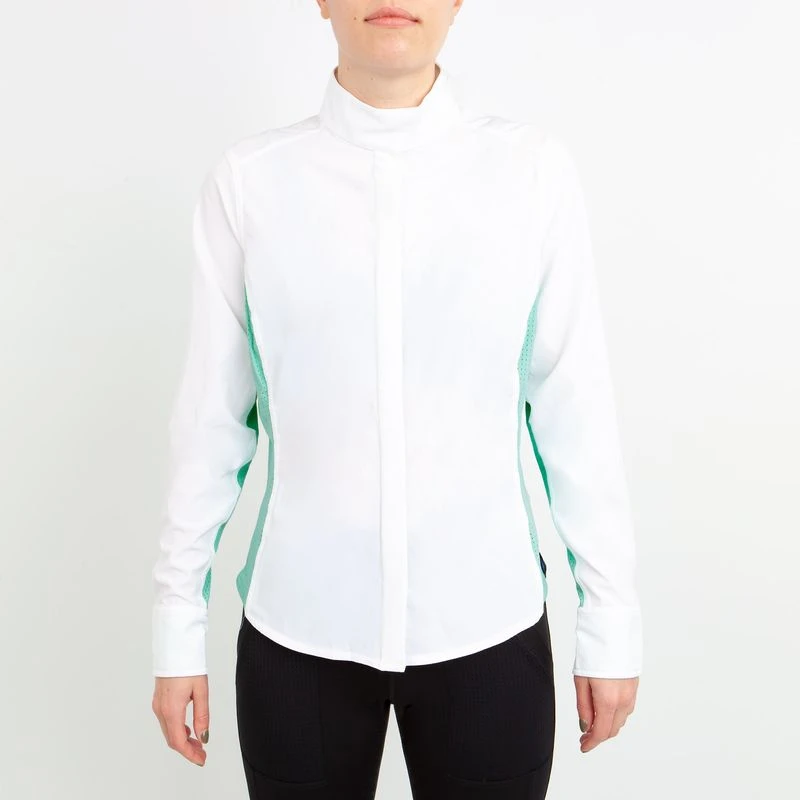 Irideon Women's Athena Long Sleeve Show Shirt - Bright White/Island Green 1 Irideon Women's Athena Long Sleeve Show Shirt - Bright White/Island Green