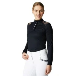 Horze Women's Sianna Long Sleeved Show Shirt W/ Lace Shoulders - Dark Navy -Tack Of The Day Store 531909 800 800
