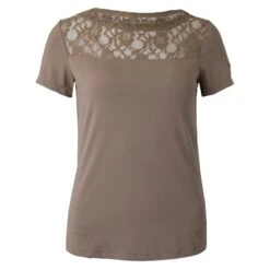 B Vertigo Women's Natalia Boat Neck Shirt W/Lace Detail - Fossil Brown