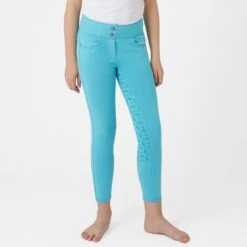 Horze Kids' Marlee Pull-on Full Seat Tights W/Contrast Stitching - Aqua Blue