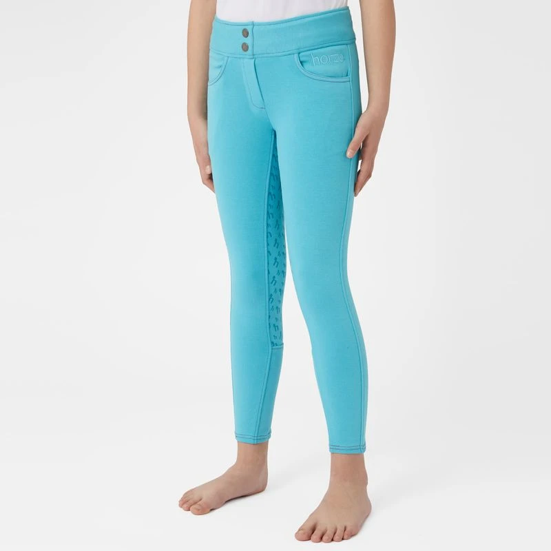 Horze Kids' Marlee Pull-on Full Seat Tights W/Contrast Stitching - Aqua Blue 2 Horze Kids' Marlee Pull-on Full Seat Tights W/Contrast Stitching - Aqua Blue - Image 2