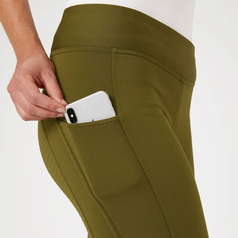 Horze Women's Active Winter Silicone Full Seat Tights W/ Phone Pockets - Dark Olive 2 Horze Women's Active Winter Silicone Full Seat Tights W/ Phone Pockets - Dark Olive - Image 2