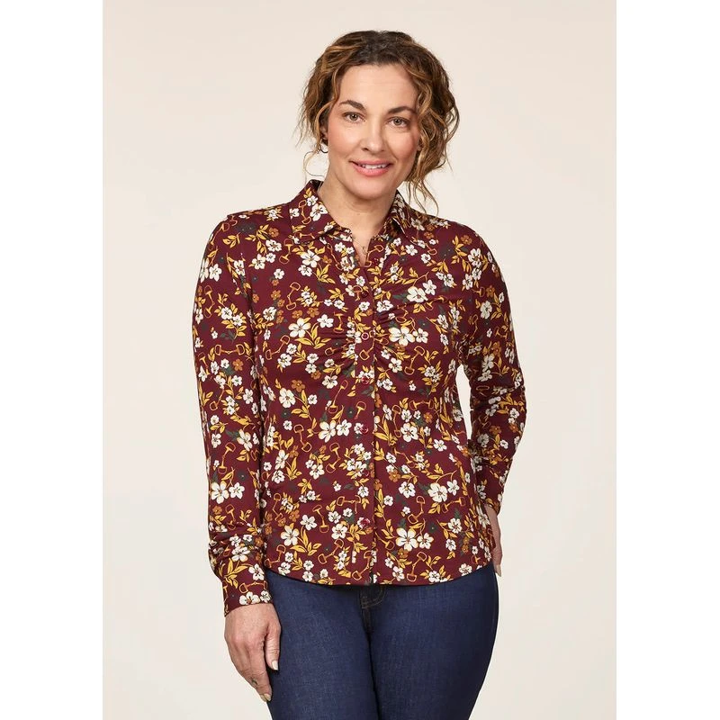 EQL Women's Ruched Button Front Long Sleeve Shirt - Sangria Snaffle Floral 2 EQL Women's Ruched Button Front Long Sleeve Shirt - Sangria Snaffle Floral - Image 2