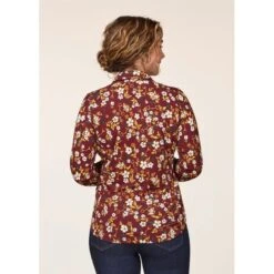 EQL Women's Ruched Button Front Long Sleeve Shirt - Sangria Snaffle Floral 8 EQL Women's Ruched Button Front Long Sleeve Shirt - Sangria Snaffle Floral -Tack Of The Day Store 698682 800 800