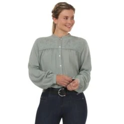 EQL Women's Hollyhocks & Horseshoes Blouse - Celadon -Tack Of The Day Store 889542 800 800