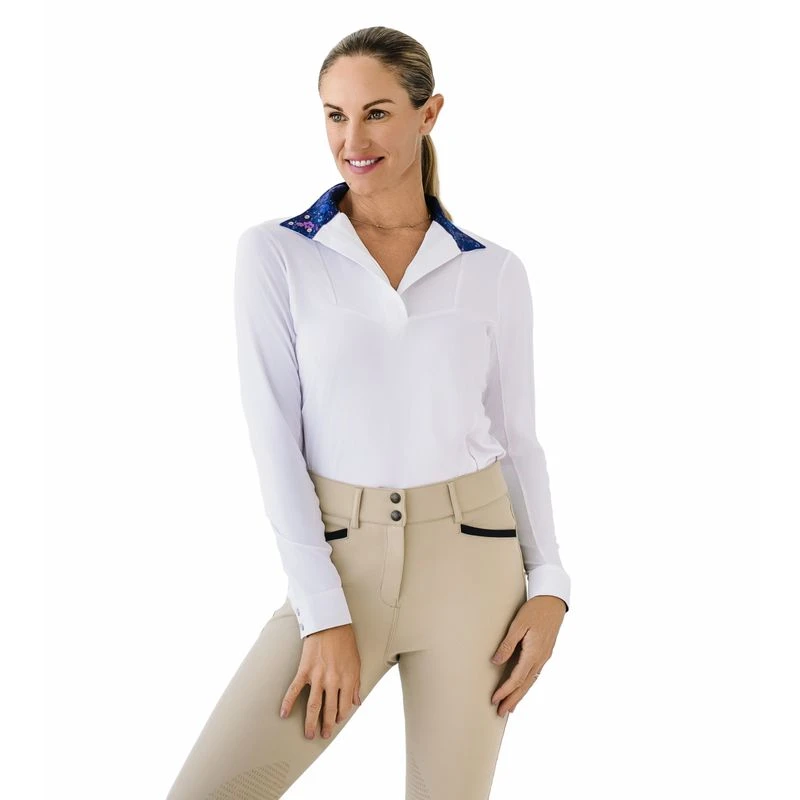 Ovation Women's Bib Front Long Sleeve Show Shirt - White/Navy Mosaic Floral 1 Ovation Women's Bib Front Long Sleeve Show Shirt - White/Navy Mosaic Floral